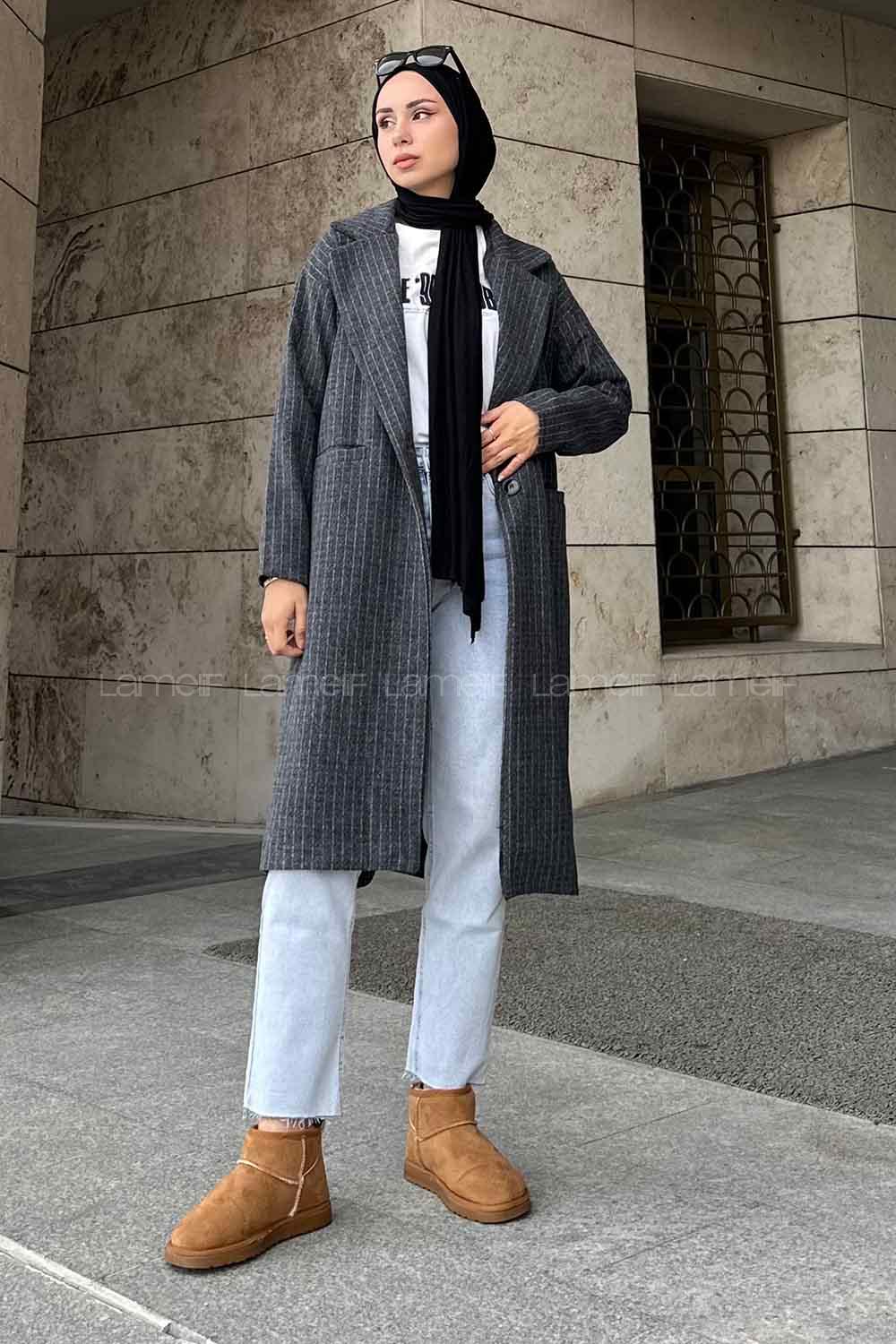 Lamelif Kruvaze Yaka Çizgili Kaban Antrasit