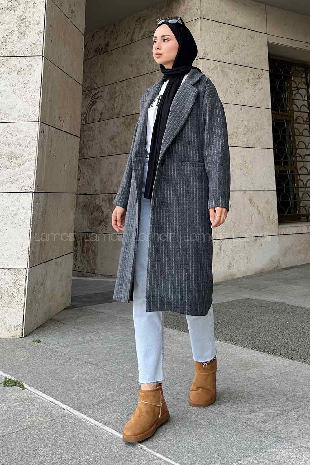 Lamelif Kruvaze Yaka Çizgili Kaban Antrasit