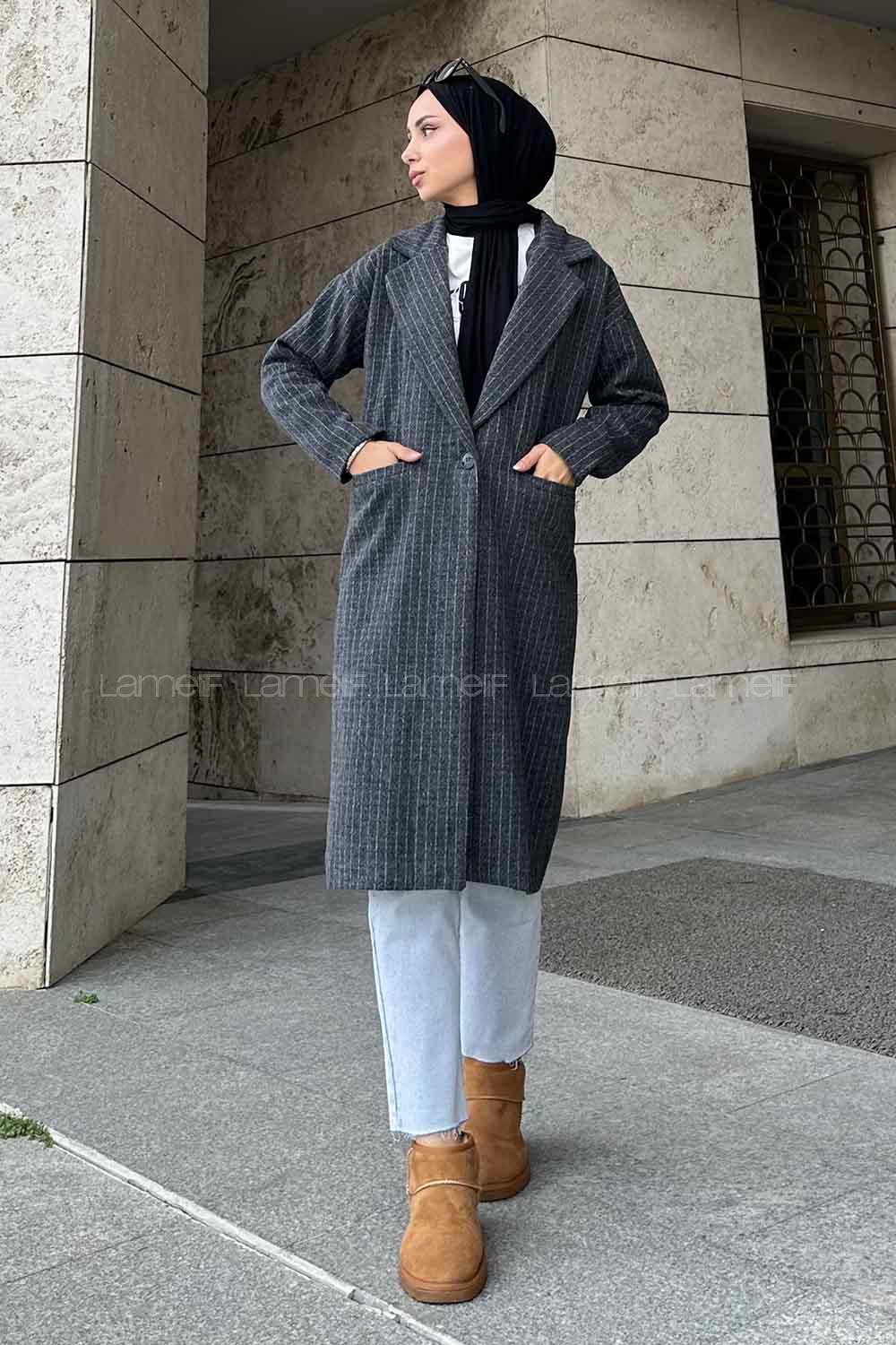 Lamelif Kruvaze Yaka Çizgili Kaban Antrasit