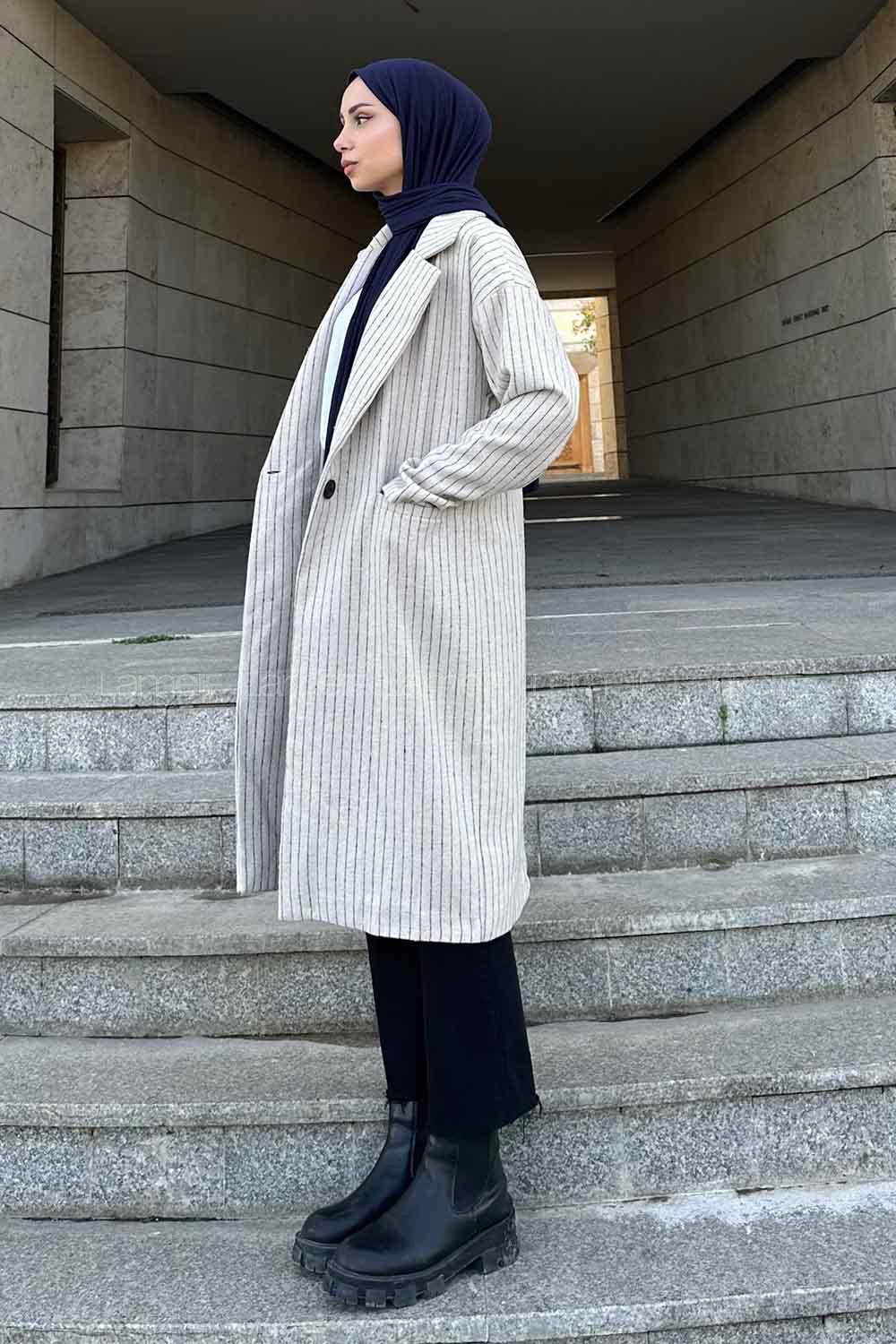 Lamelif Kruvaze Yaka Çizgili Kaban Bej