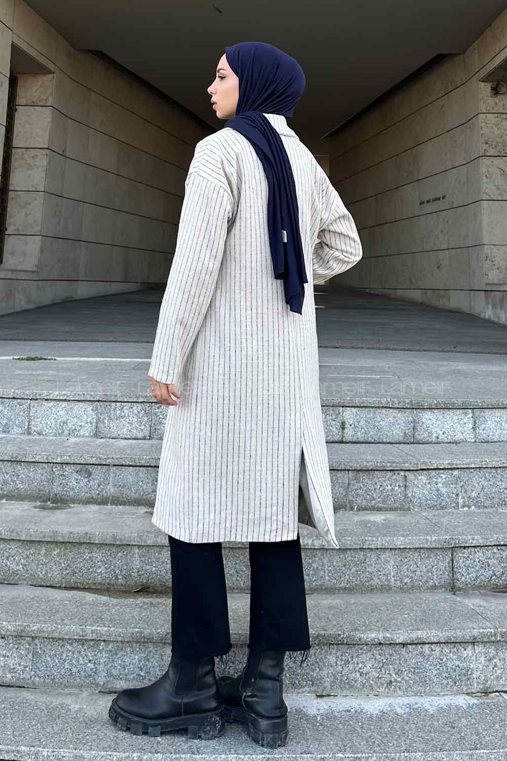 Lamelif Kruvaze Yaka Çizgili Kaban Bej