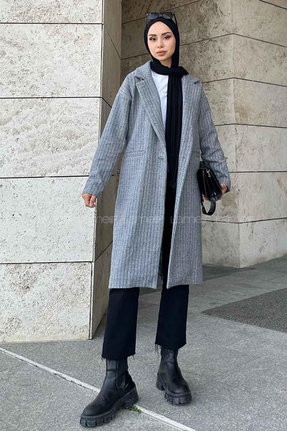 Lamelif Kruvaze Yaka Çizgili Kaban Gri