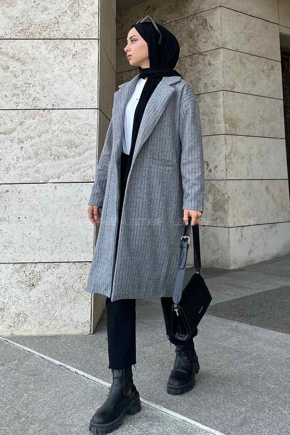 Lamelif Kruvaze Yaka Çizgili Kaban Gri