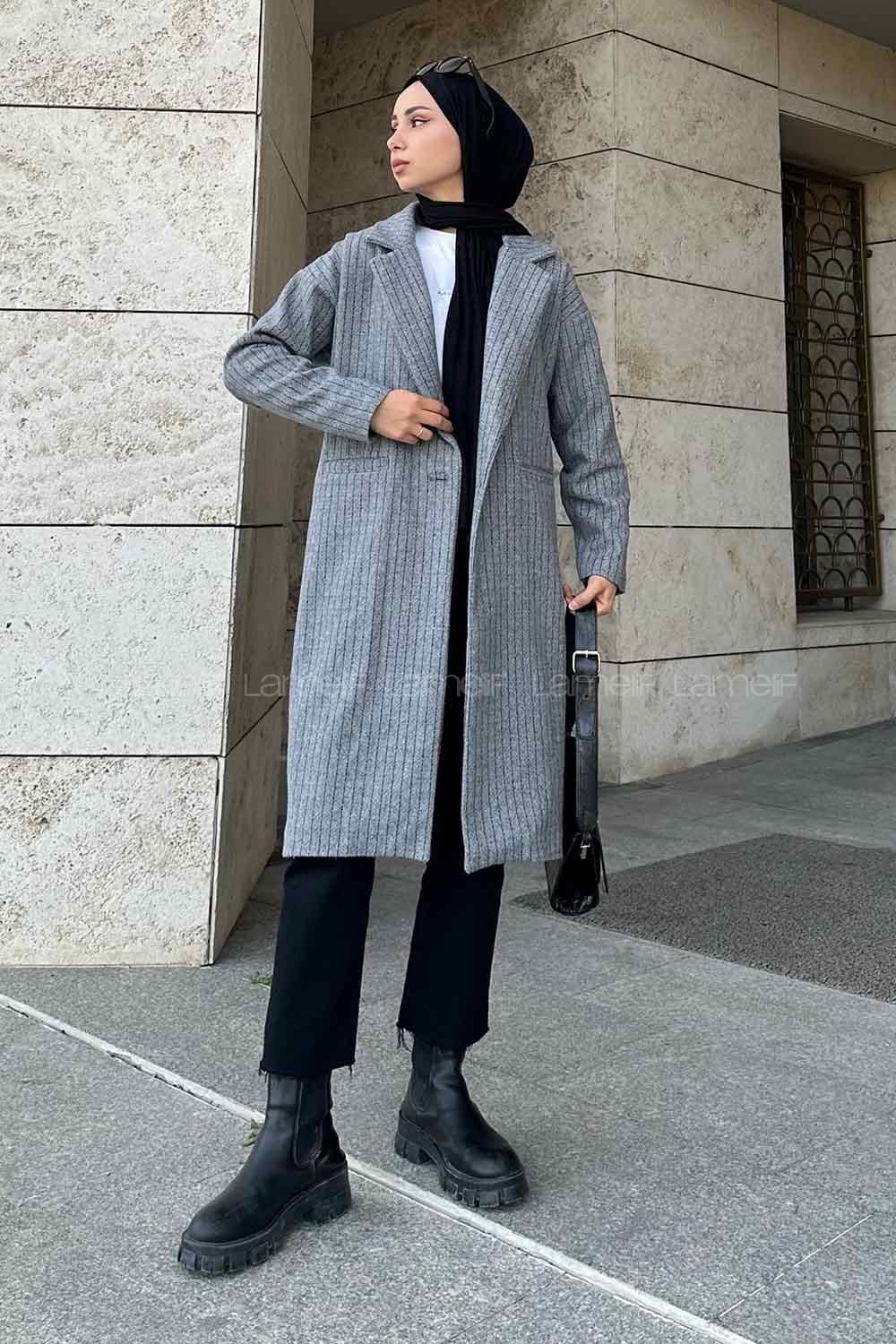 Lamelif Kruvaze Yaka Çizgili Kaban Gri