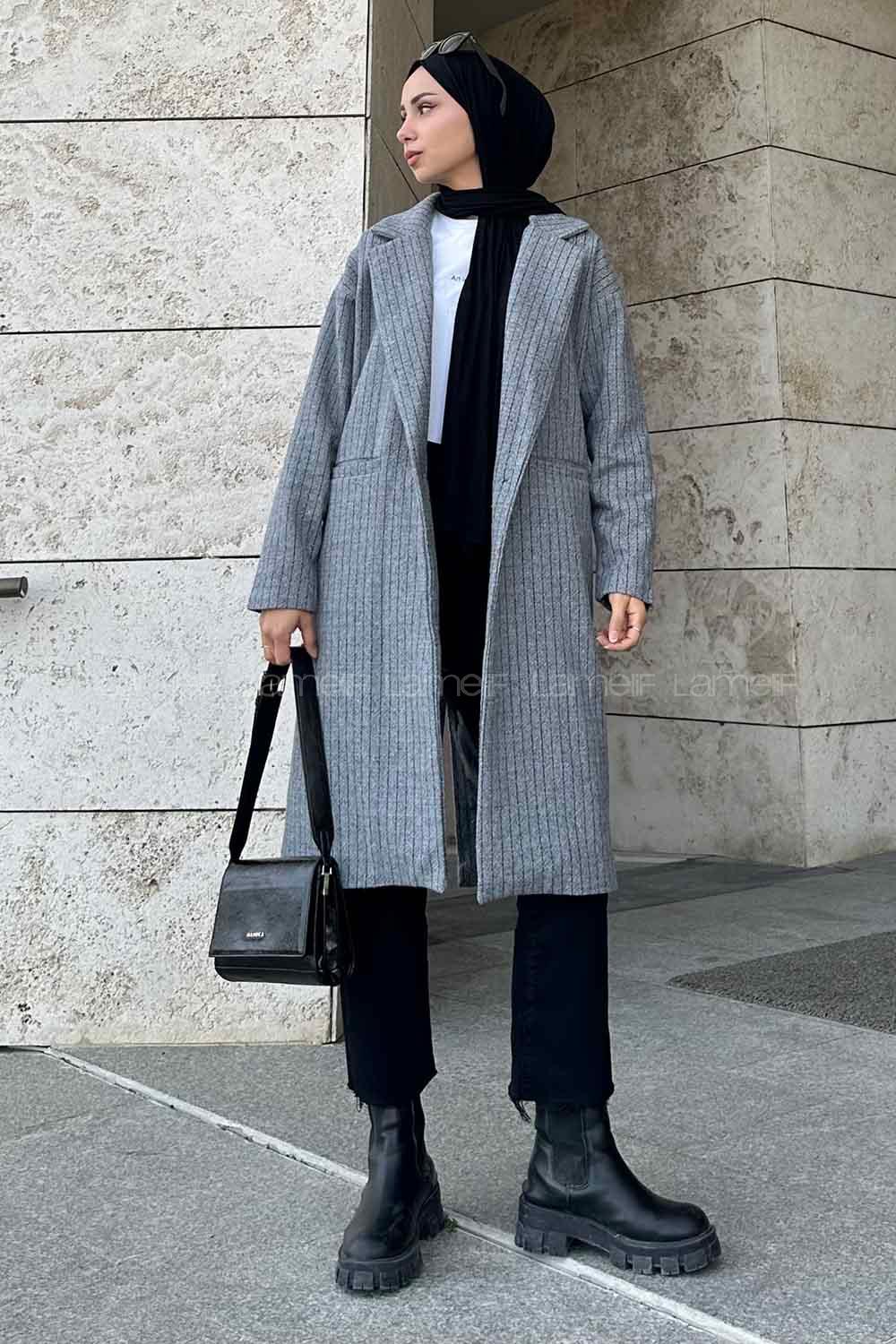 Lamelif Kruvaze Yaka Çizgili Kaban Gri