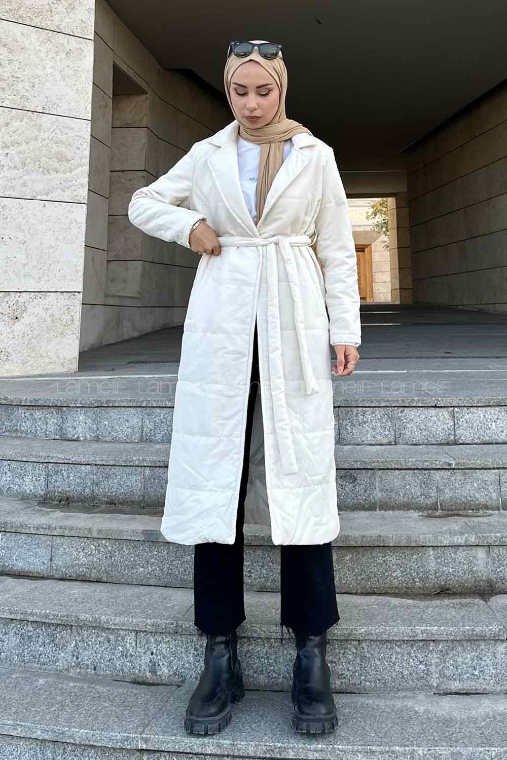 Lamelif Kuşak Bağlamalı  Mont Ekru