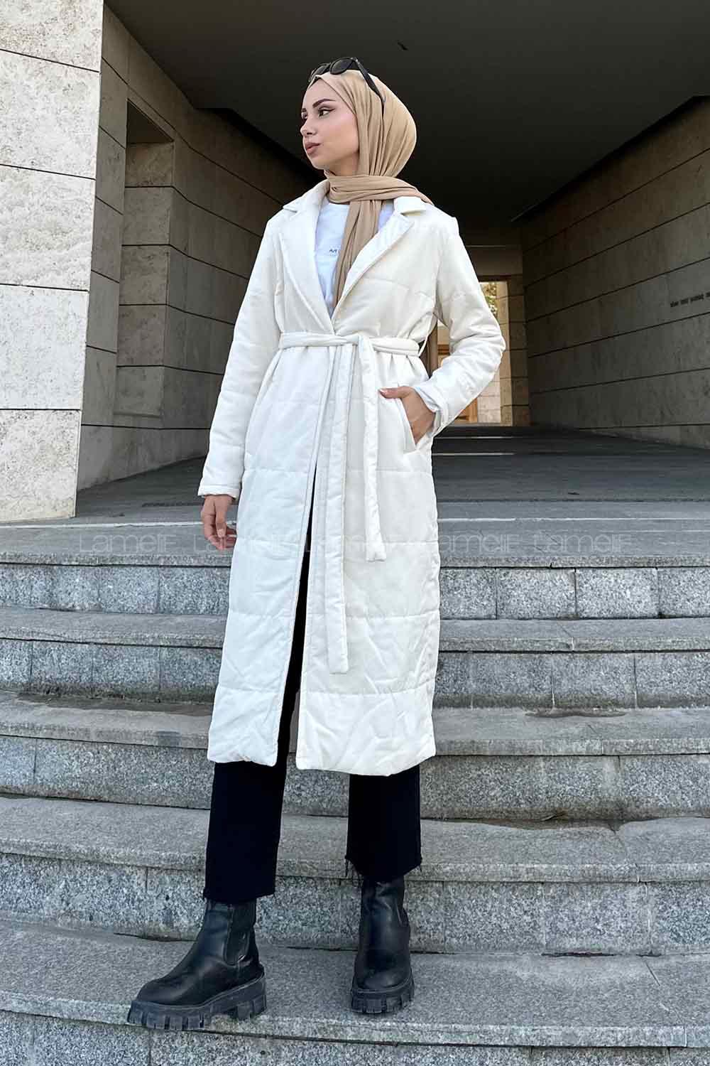 Lamelif Kuşak Bağlamalı  Mont Ekru