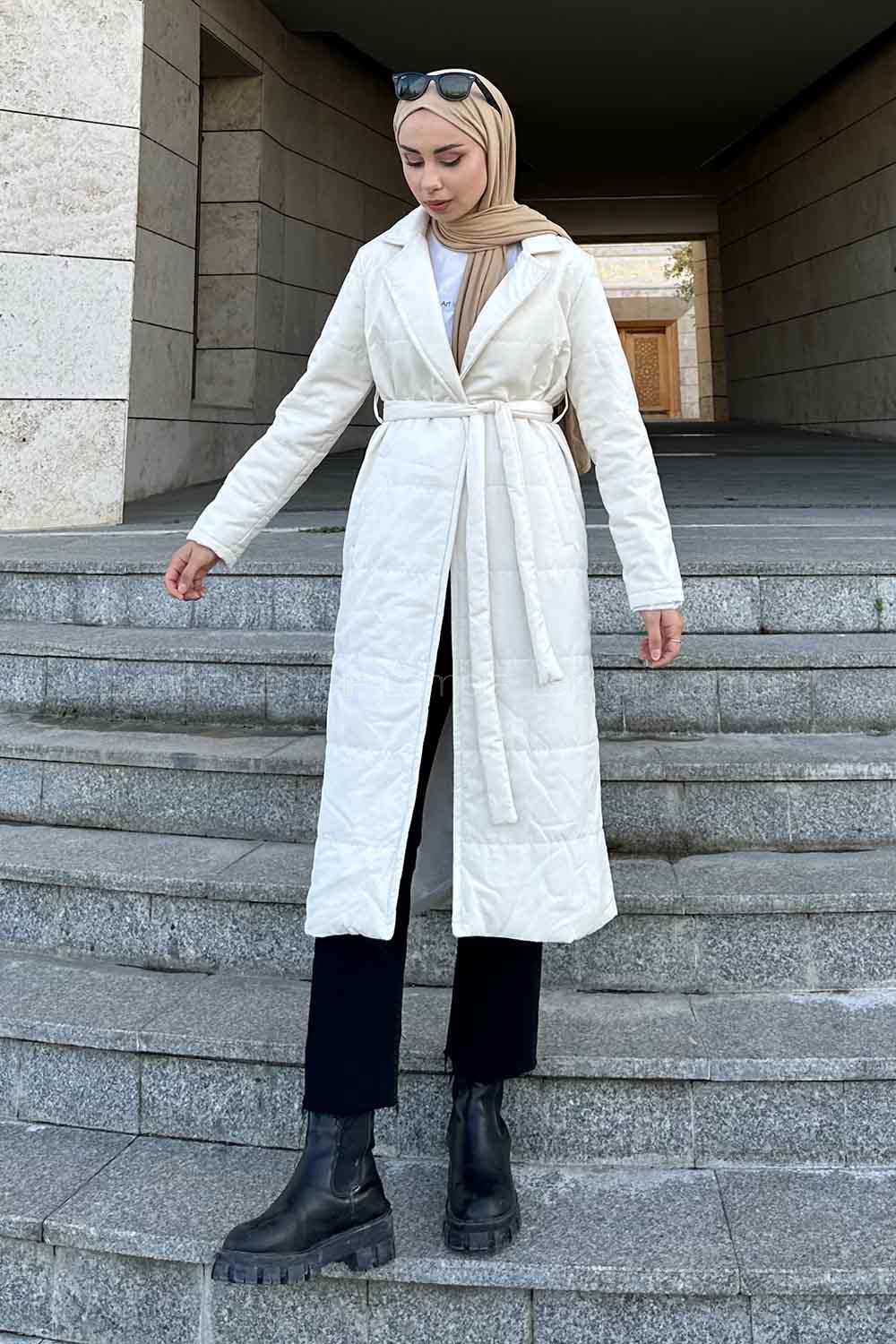 Lamelif Kuşak Bağlamalı  Mont Ekru