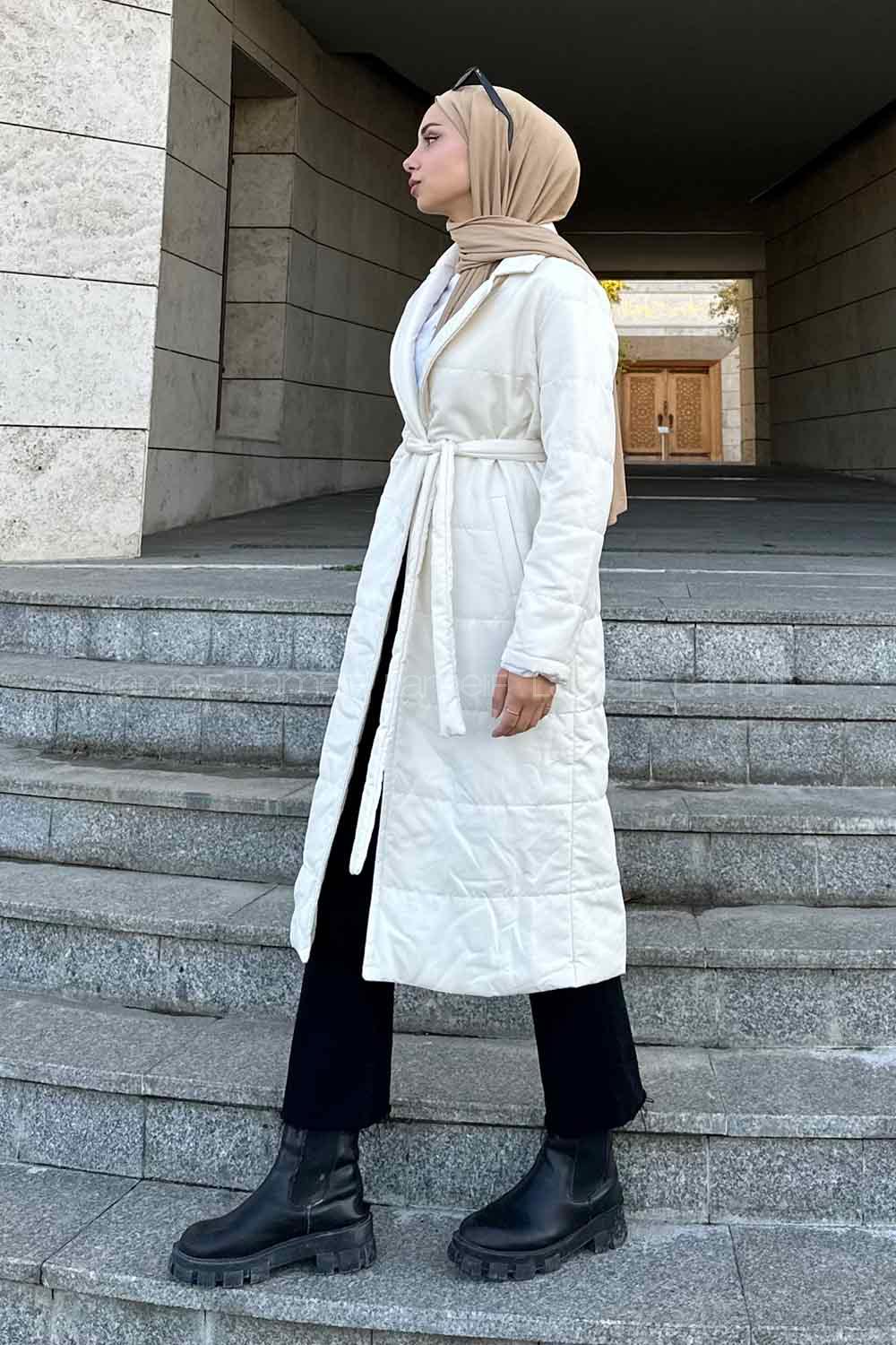 Lamelif Kuşak Bağlamalı  Mont Ekru