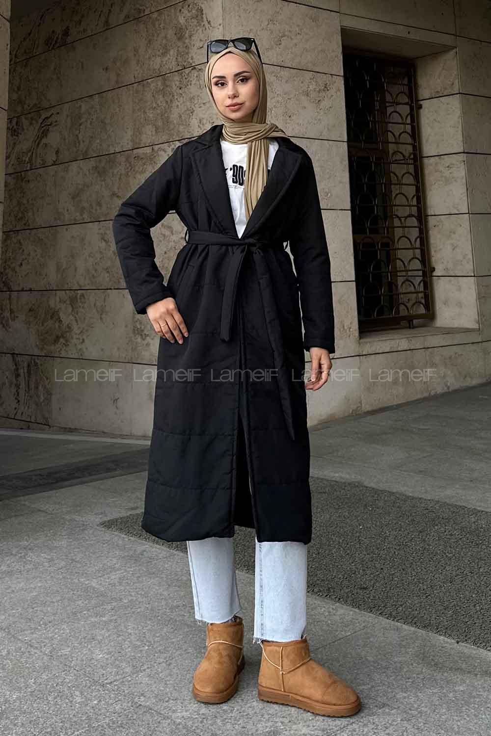 Lamelif Kuşak Bağlamalı Mont Siyah