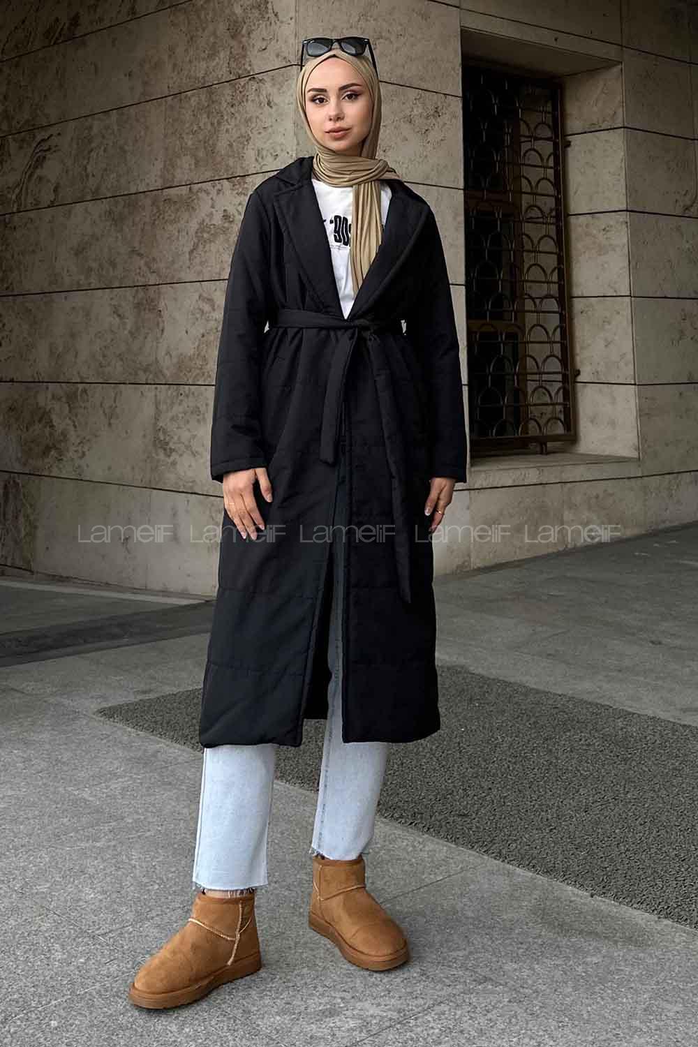 Lamelif Kuşak Bağlamalı Mont Siyah