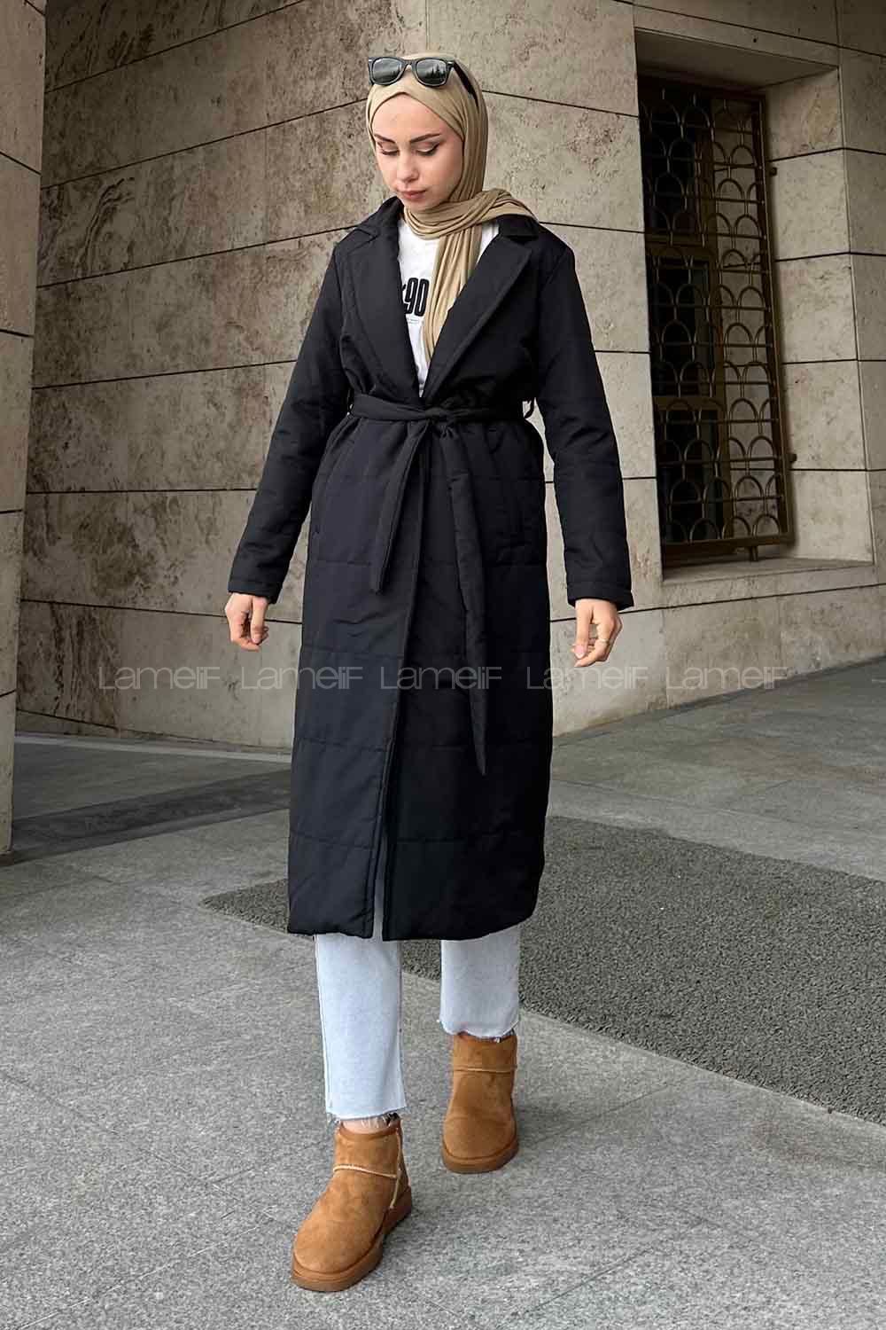 Lamelif Kuşak Bağlamalı Mont Siyah