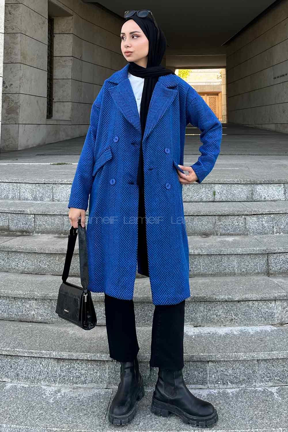 Lamelif Zikzak Desen Kaban Mavi