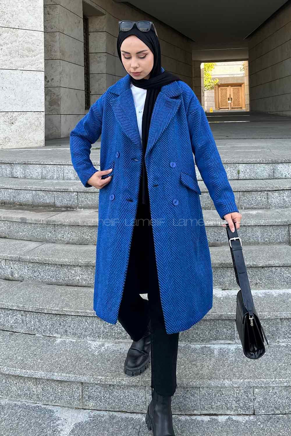 Lamelif Zikzak Desen Kaban Mavi