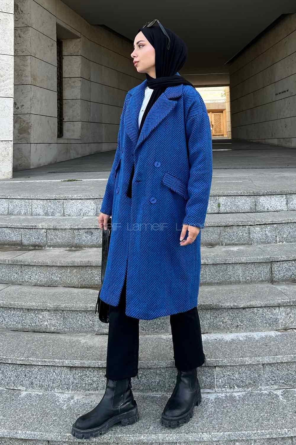 Lamelif Zikzak Desen Kaban Mavi