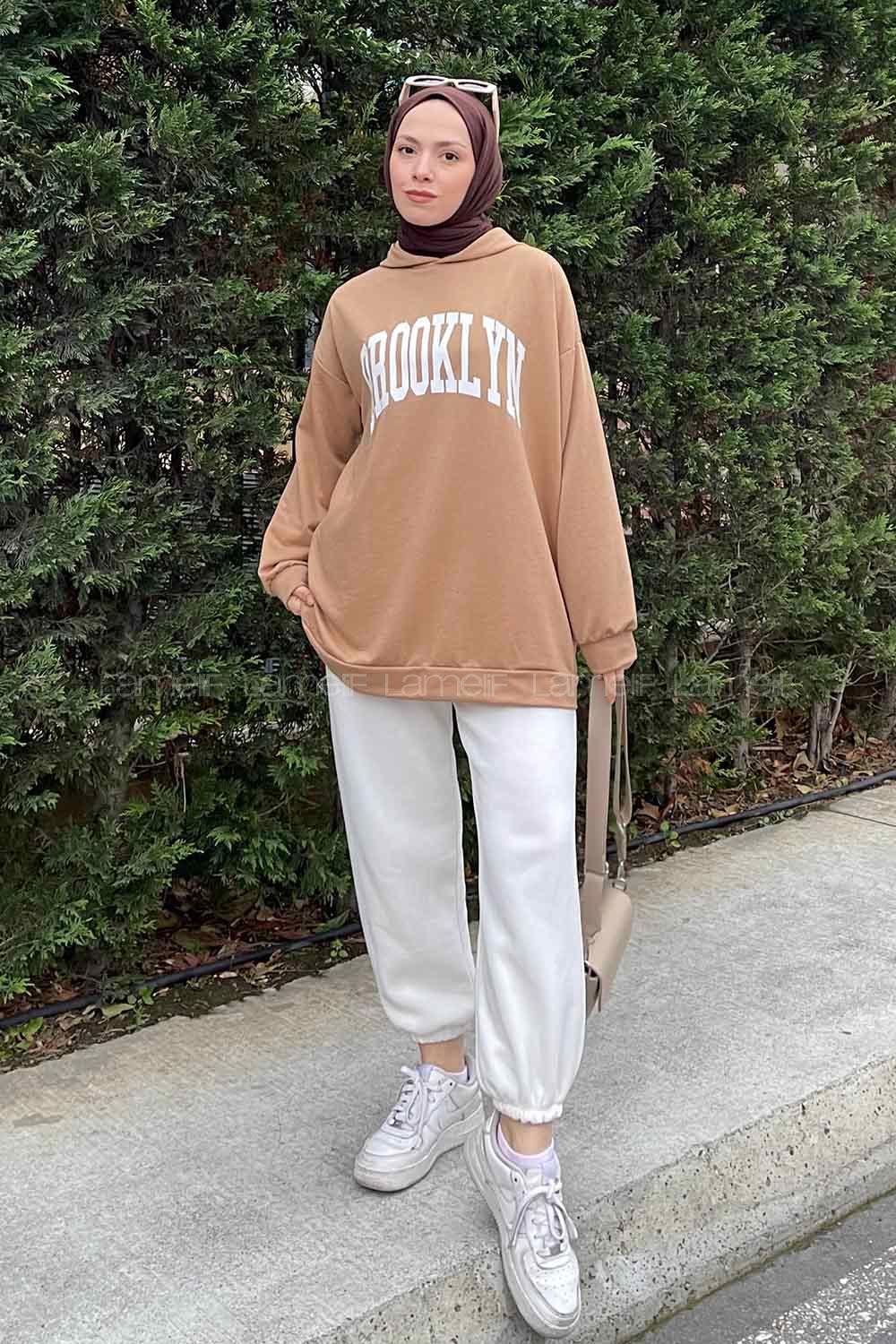 Lamelif Brooklyn Baskı Detaylı Kapüşonlu Sweatshirt Camel