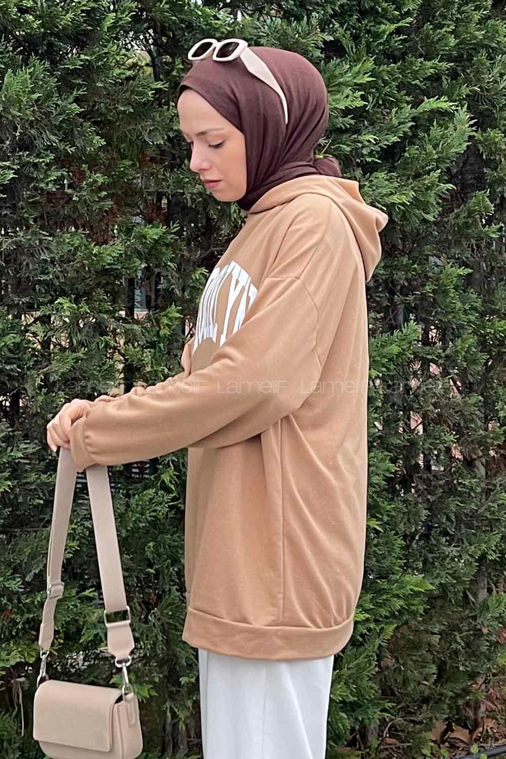 Lamelif Brooklyn Baskı Detaylı Kapüşonlu Sweatshirt Camel