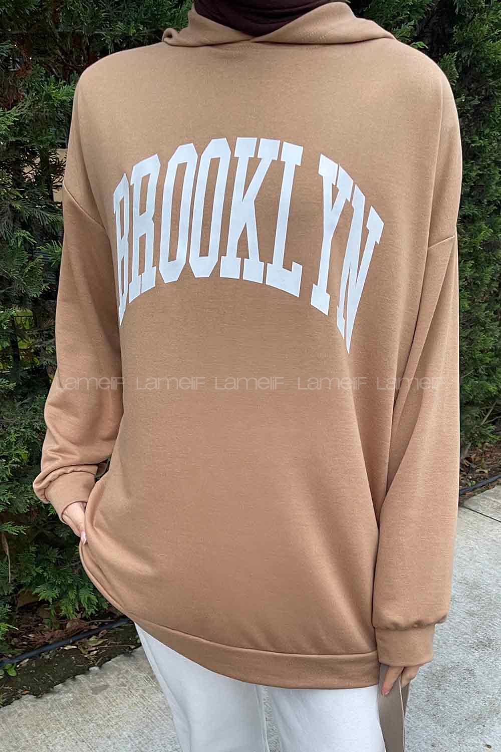 Lamelif Brooklyn Baskı Detaylı Kapüşonlu Sweatshirt Camel