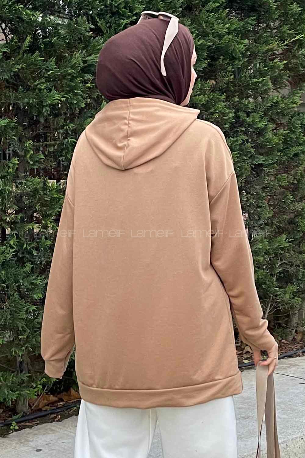 Lamelif Brooklyn Baskı Detaylı Kapüşonlu Sweatshirt Camel