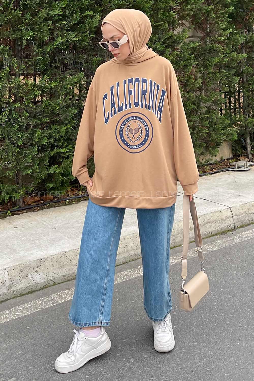Lamelif California Baskı Detaylı Kapüşonlu Sweatshirt Camel