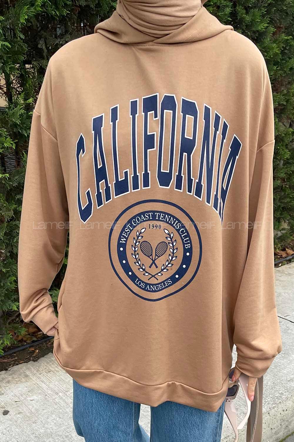 Lamelif California Baskı Detaylı Kapüşonlu Sweatshirt Camel