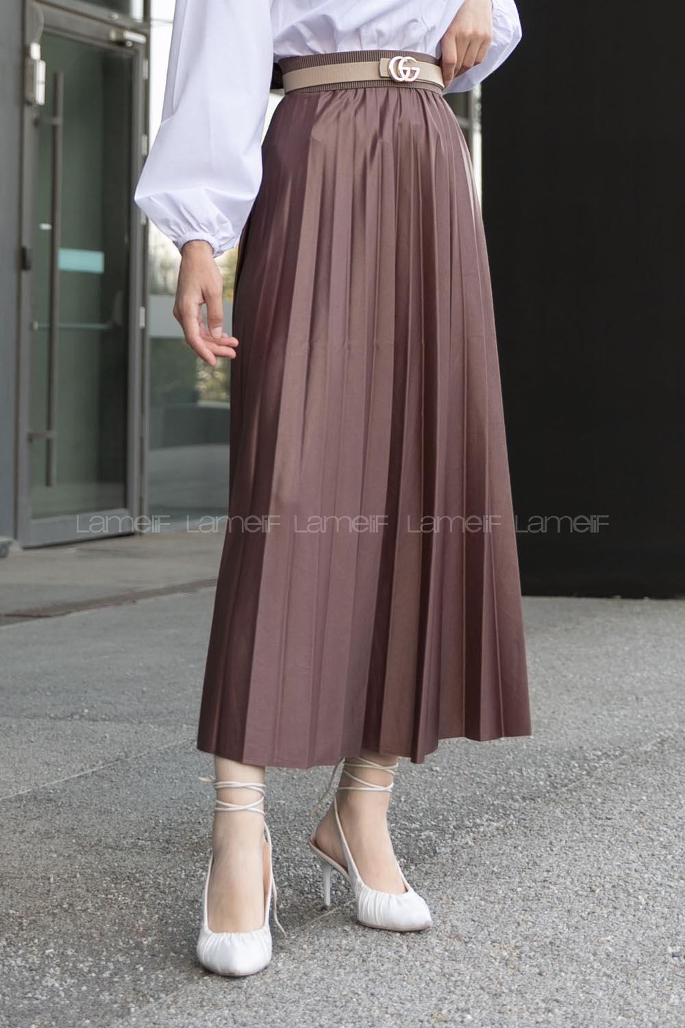 Lamelif Deri Görünümlü Etek Gül Rengi