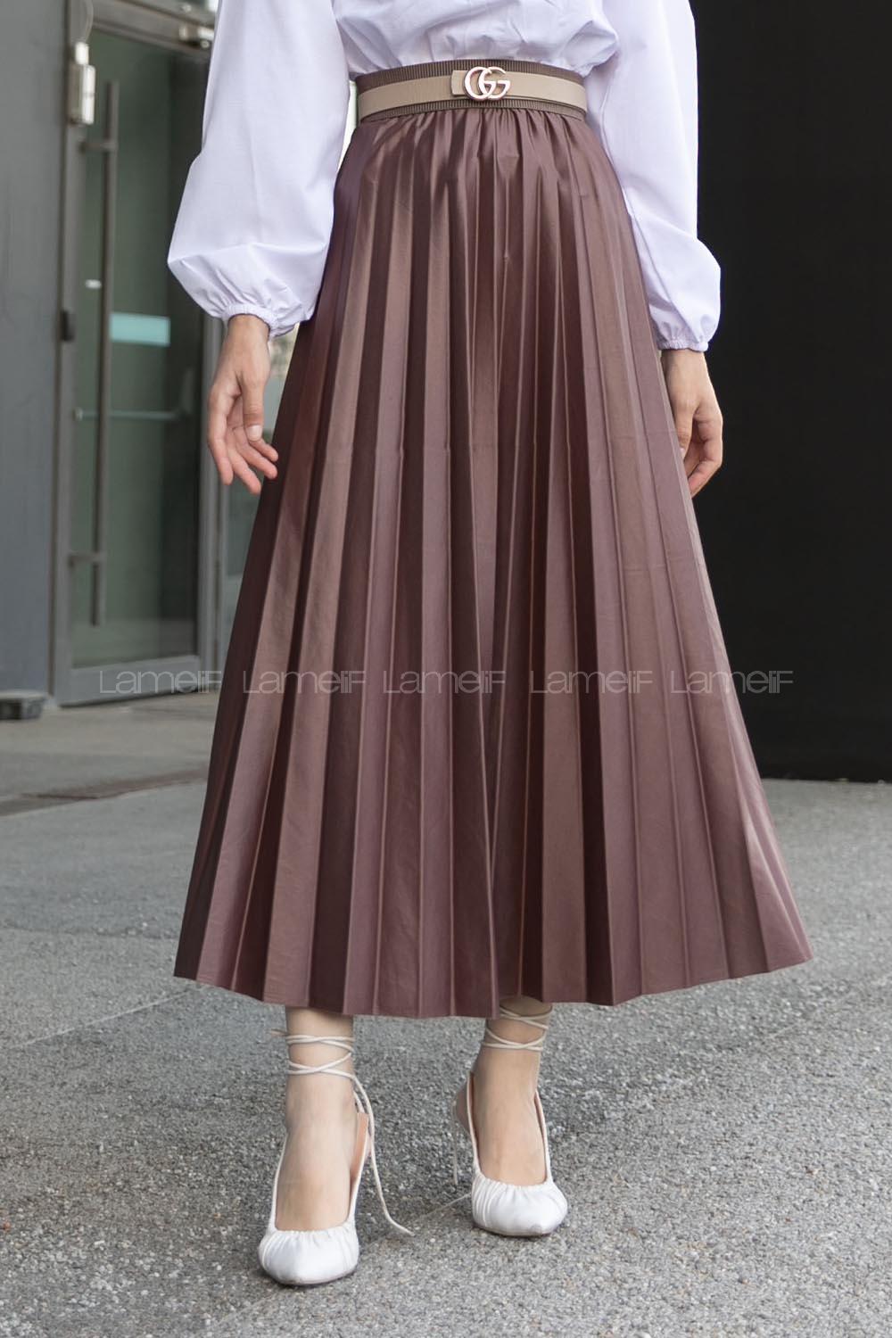 Lamelif Deri Görünümlü Etek Gül Rengi