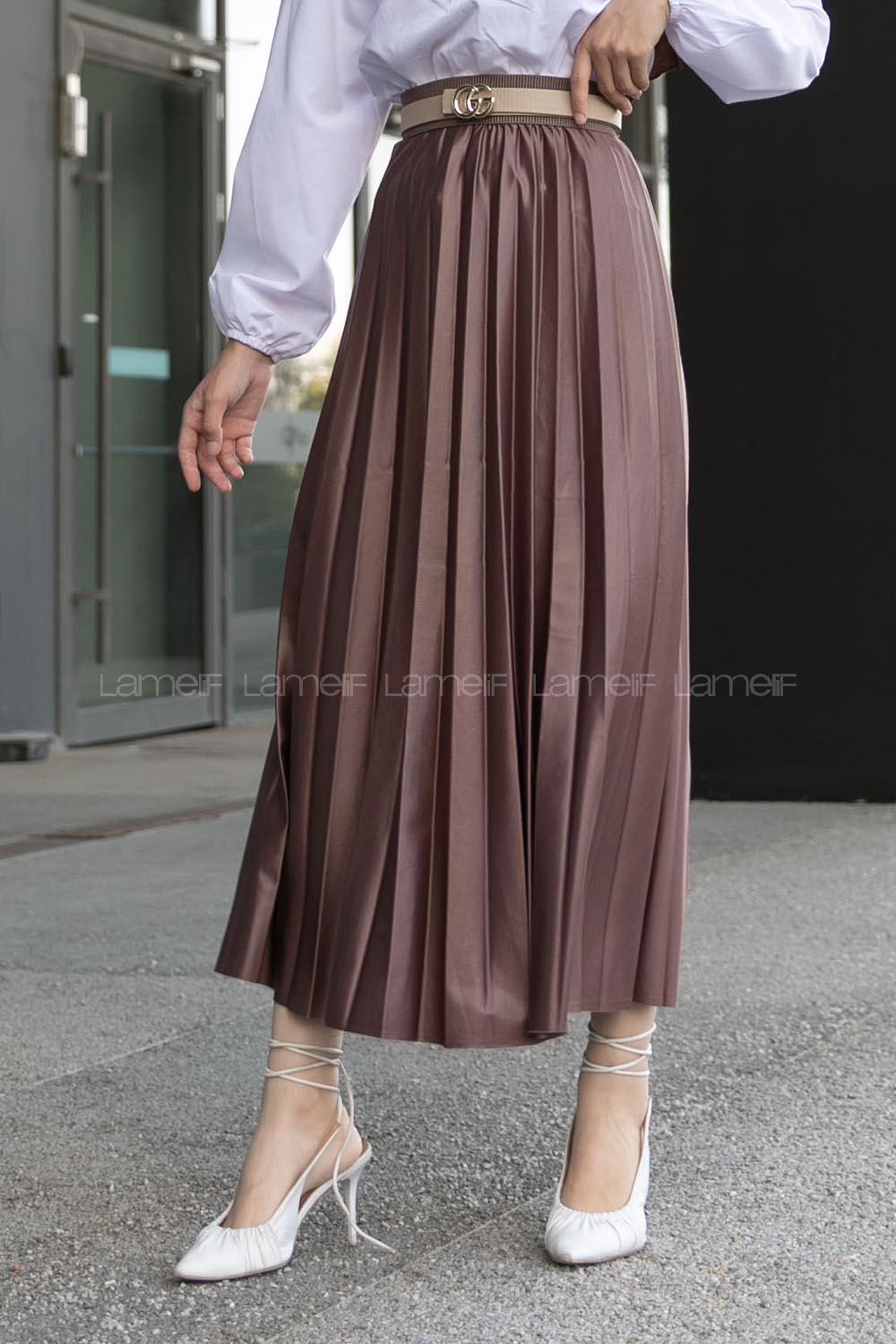 Lamelif Deri Görünümlü Etek Gül Rengi