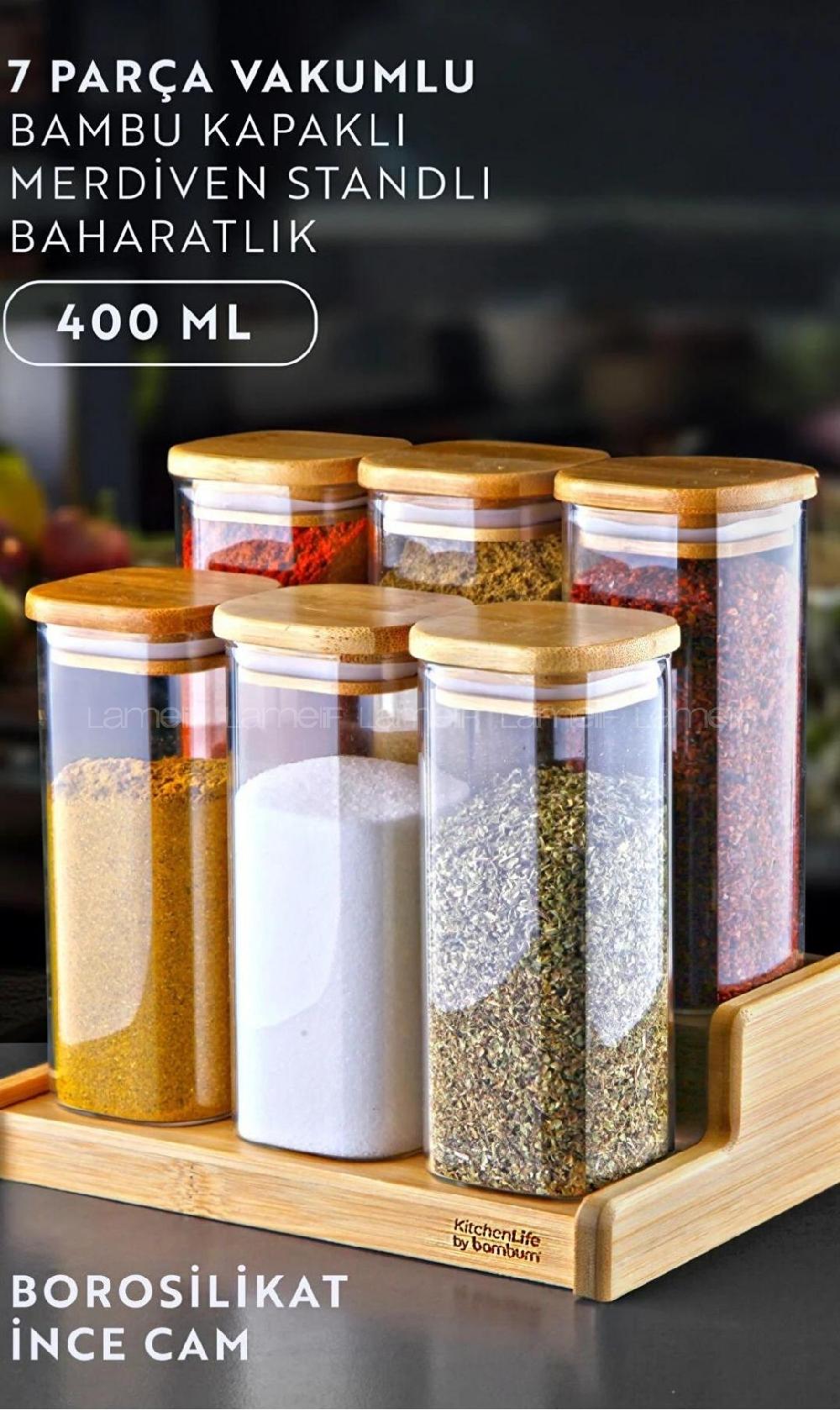 Lamelif 7 Parça Bambu Kapaklı Merdivenli Baharatlık Seti