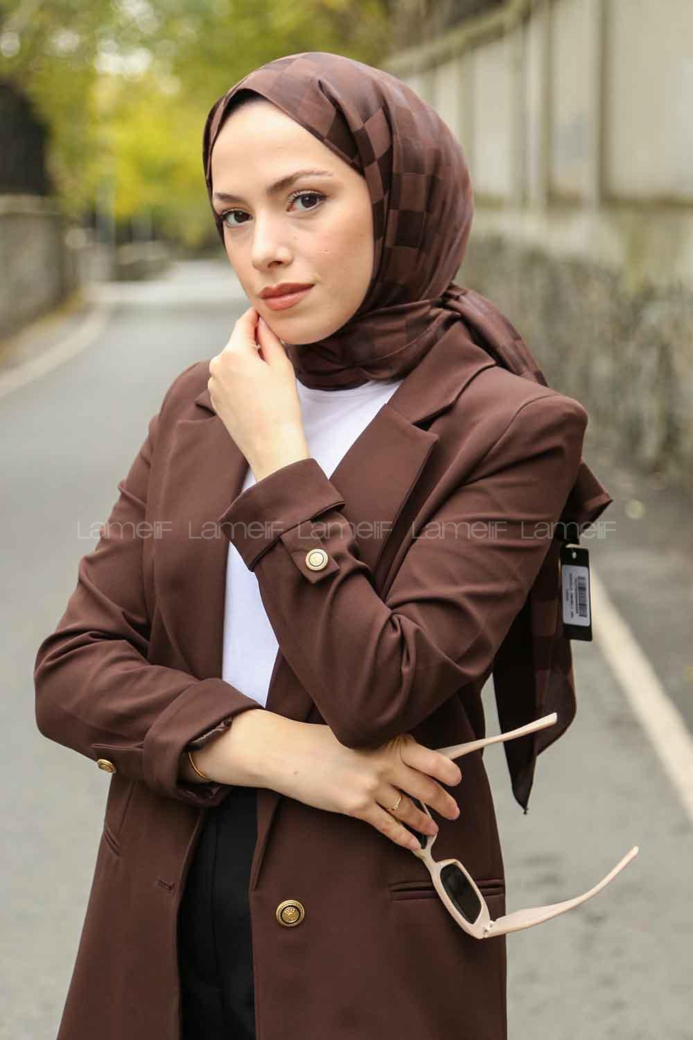 Lamelif Dama Desen Jakar Şal Acı Kahve