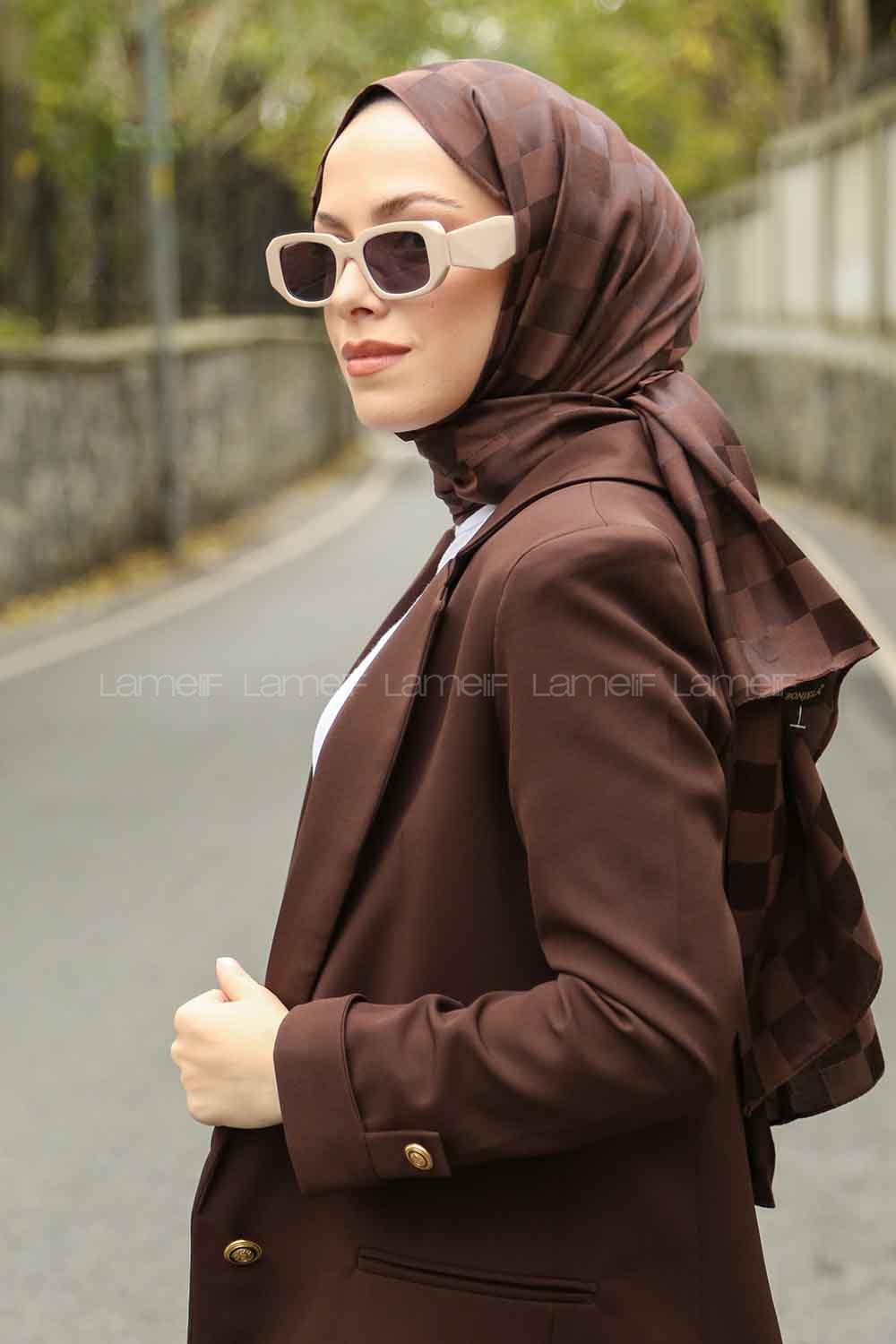 Lamelif Dama Desen Jakar Şal Acı Kahve