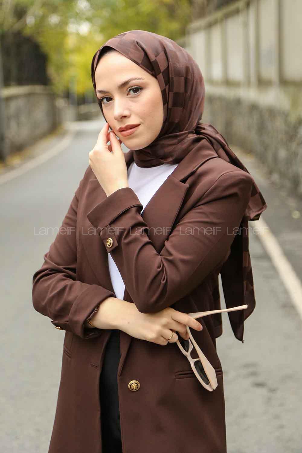 Lamelif Dama Desen Jakar Şal Acı Kahve