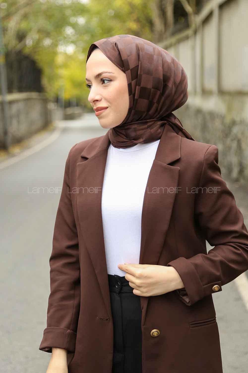 Lamelif Dama Desen Jakar Şal Acı Kahve