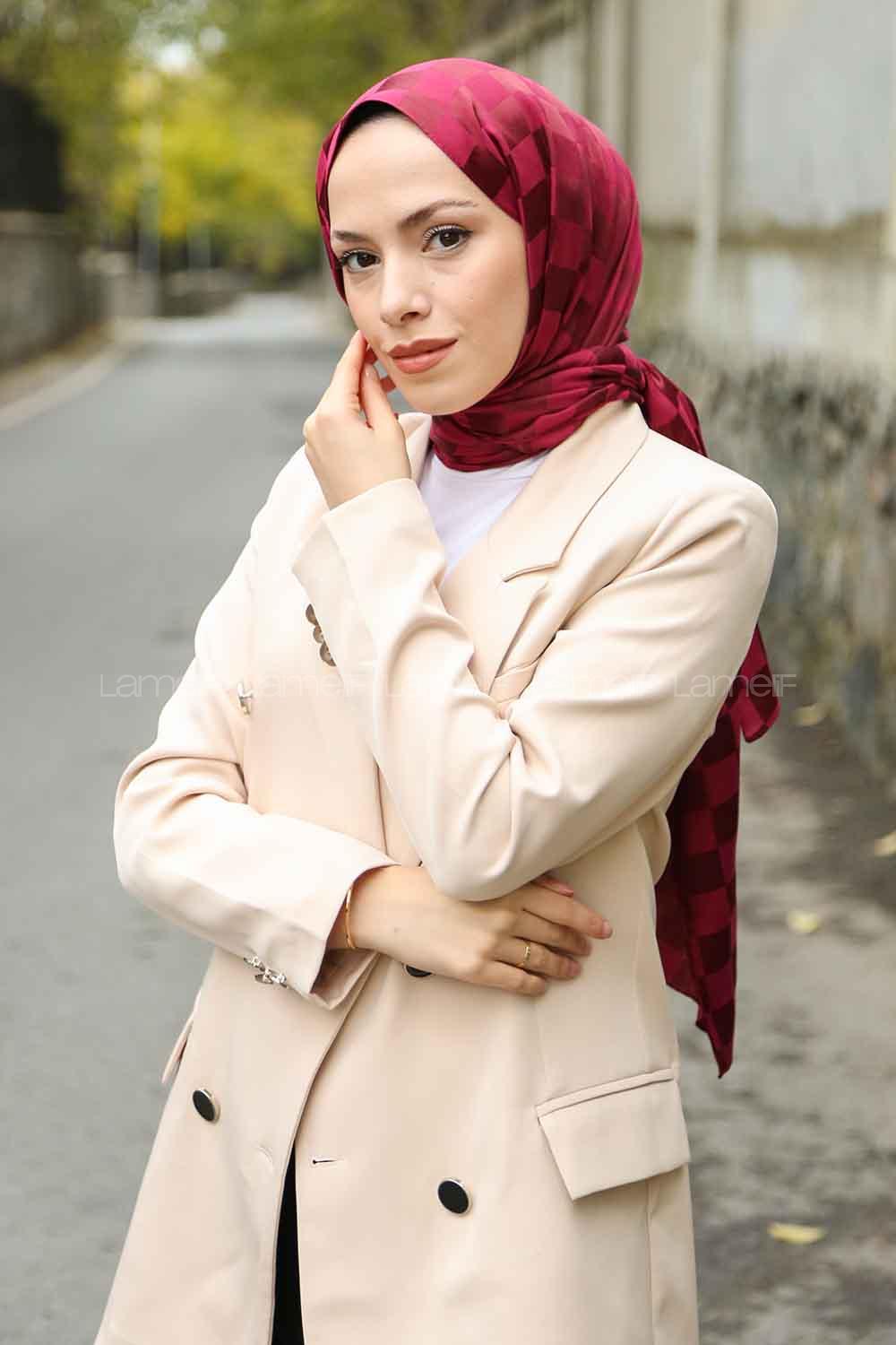 Lamelif Dama Desen Jakar Şal Bordo