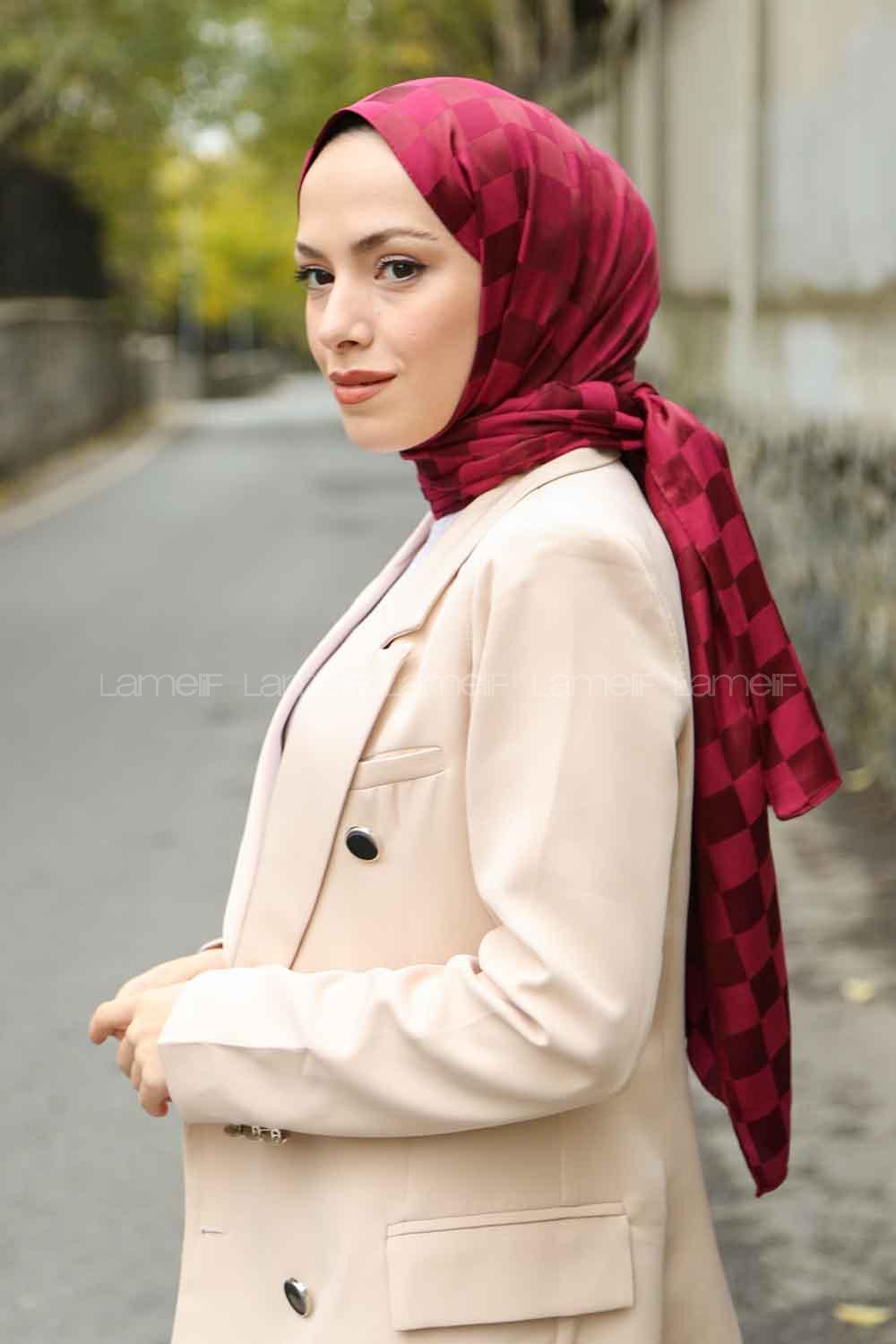 Lamelif Dama Desen Jakar Şal Bordo
