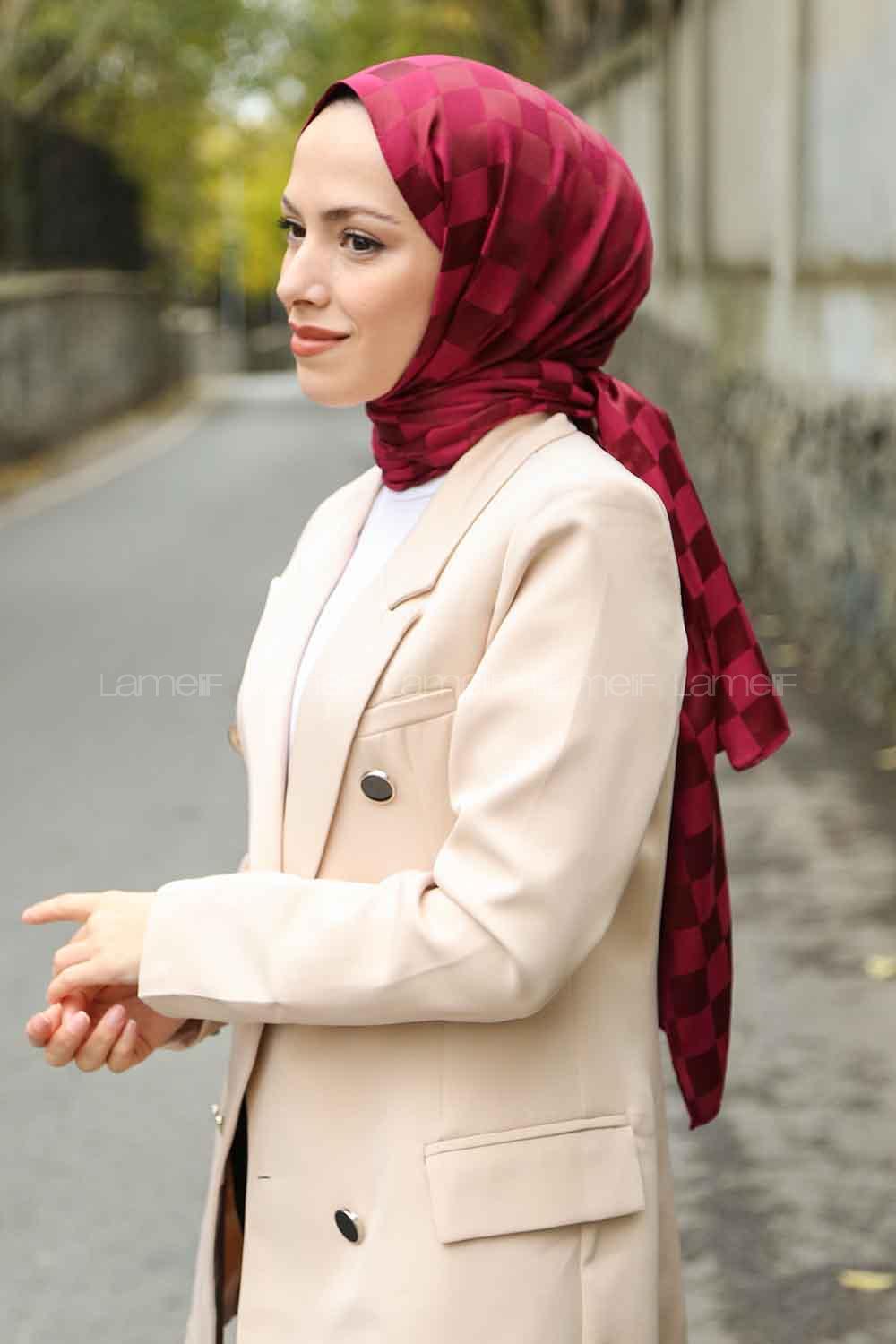 Lamelif Dama Desen Jakar Şal Bordo