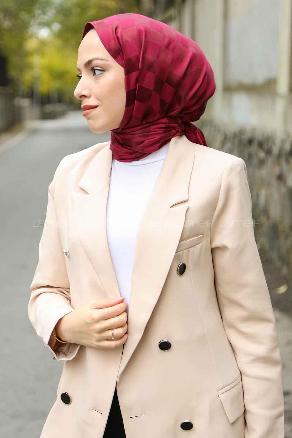 Lamelif Dama Desen Jakar Şal Bordo