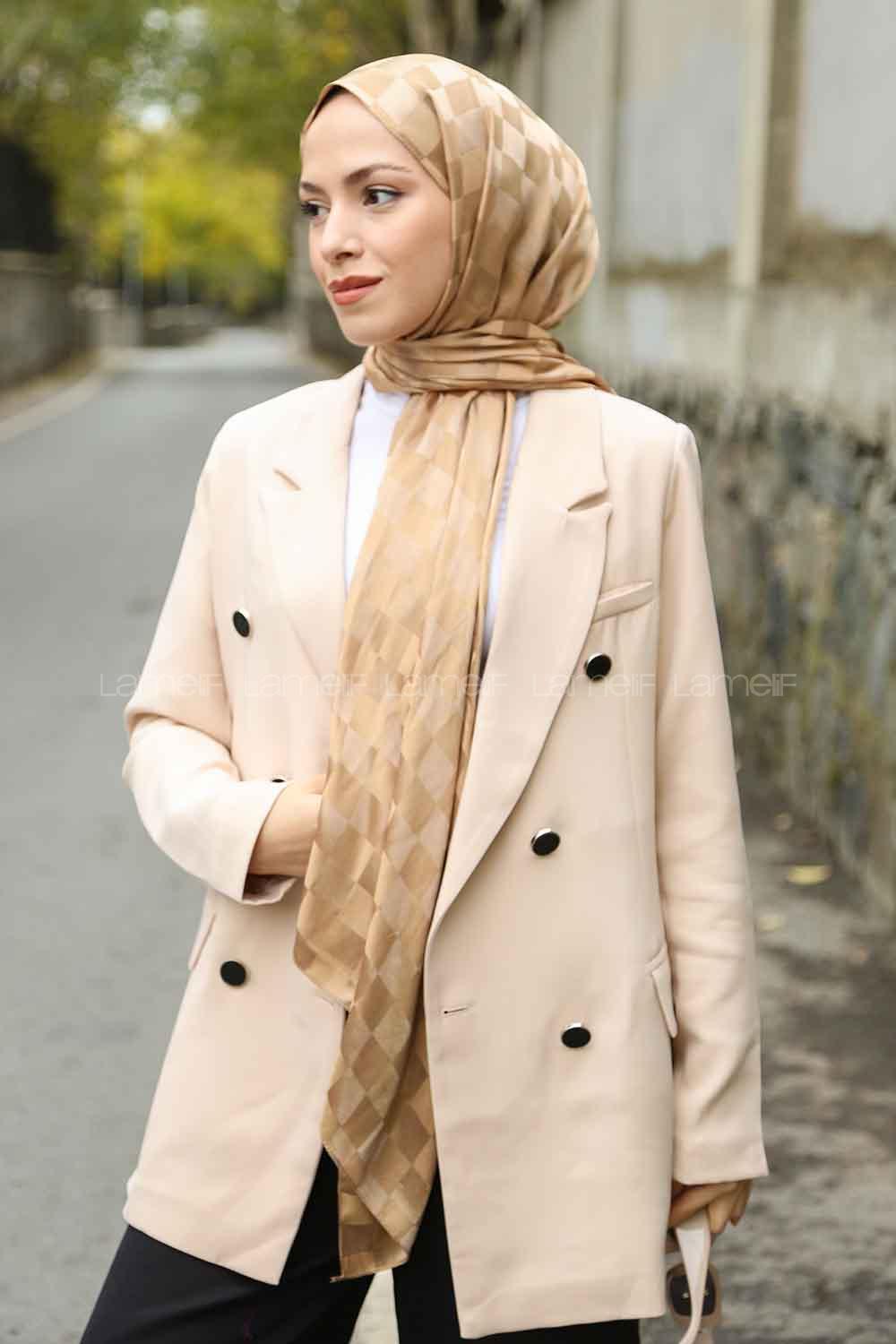 Lamelif Dama Desen Jakar Şal Camel