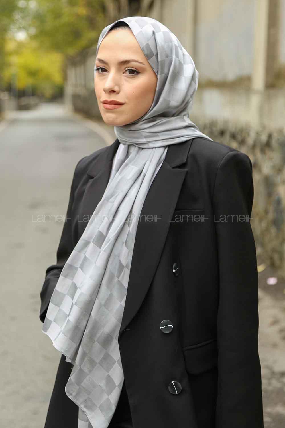 Lamelif Dama Desen Jakar Şal Gri