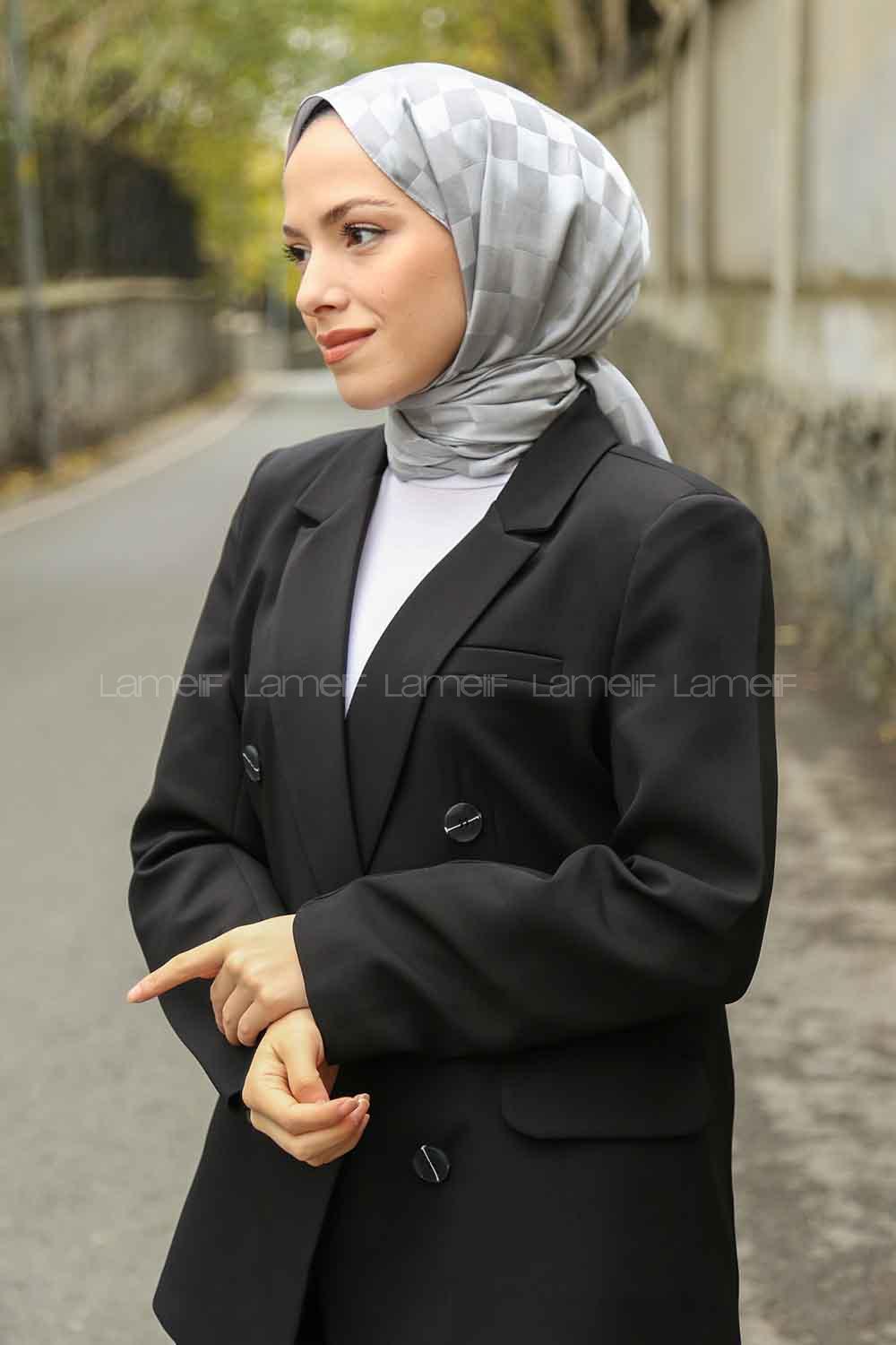 Lamelif Dama Desen Jakar Şal Gri