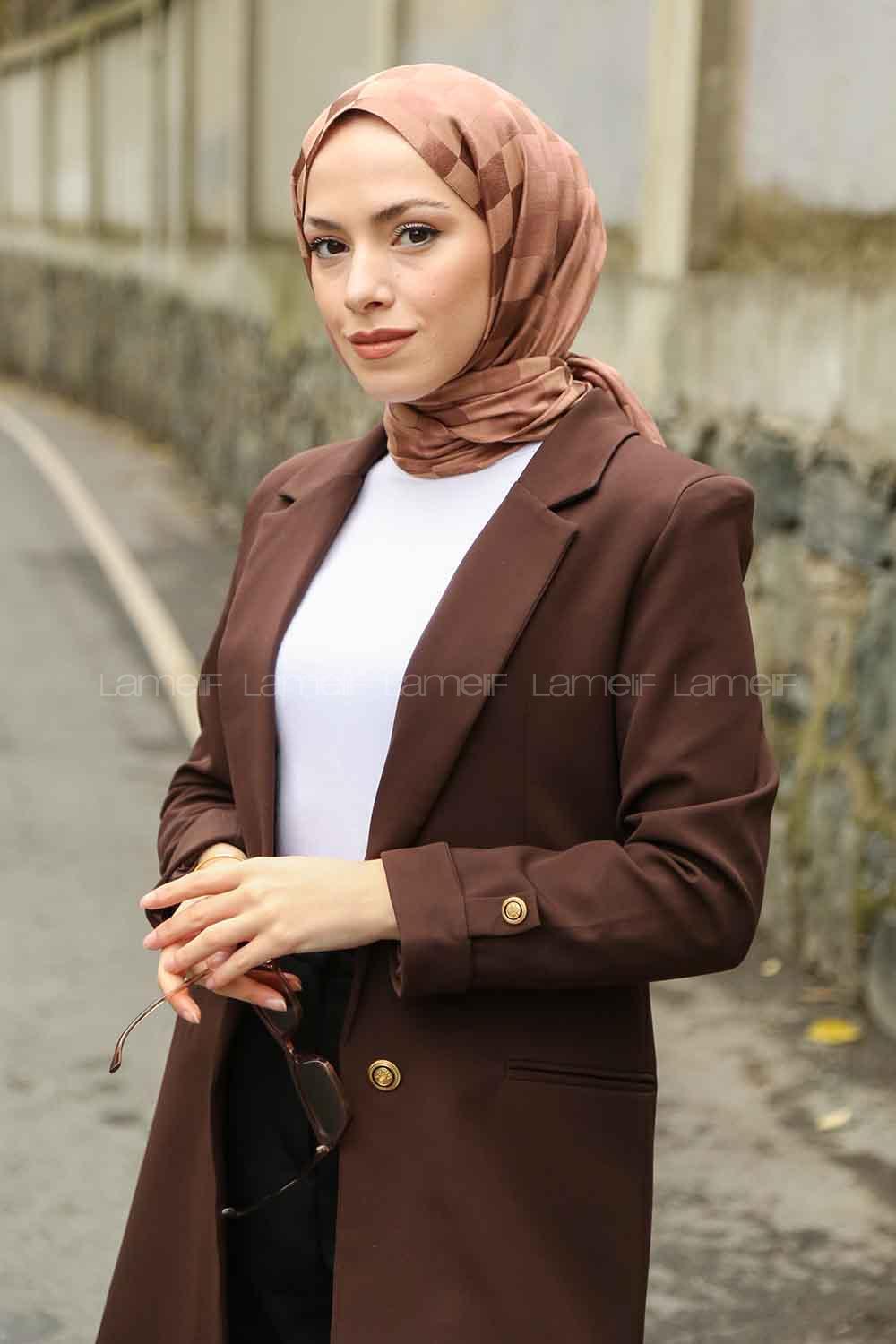 Lamelif Dama Desen Jakar Şal Kahverengi