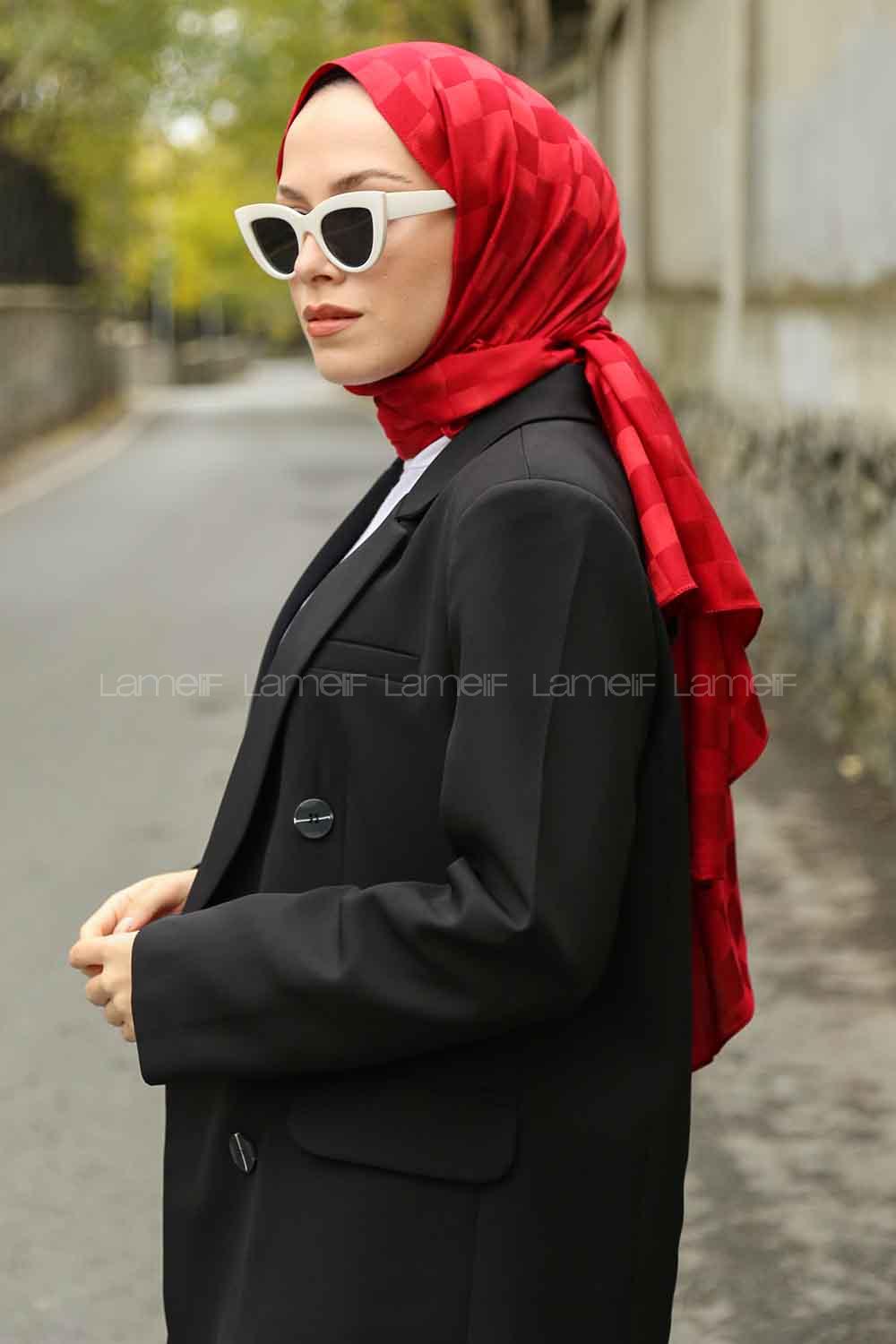 Lamelif Dama Desen Jakar Şal Kırmızı