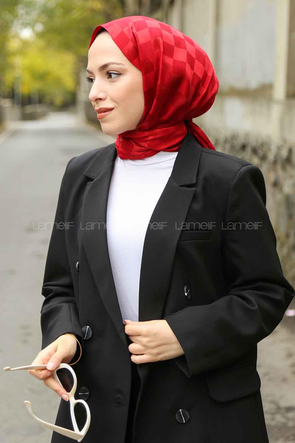 Lamelif Dama Desen Jakar Şal Kırmızı