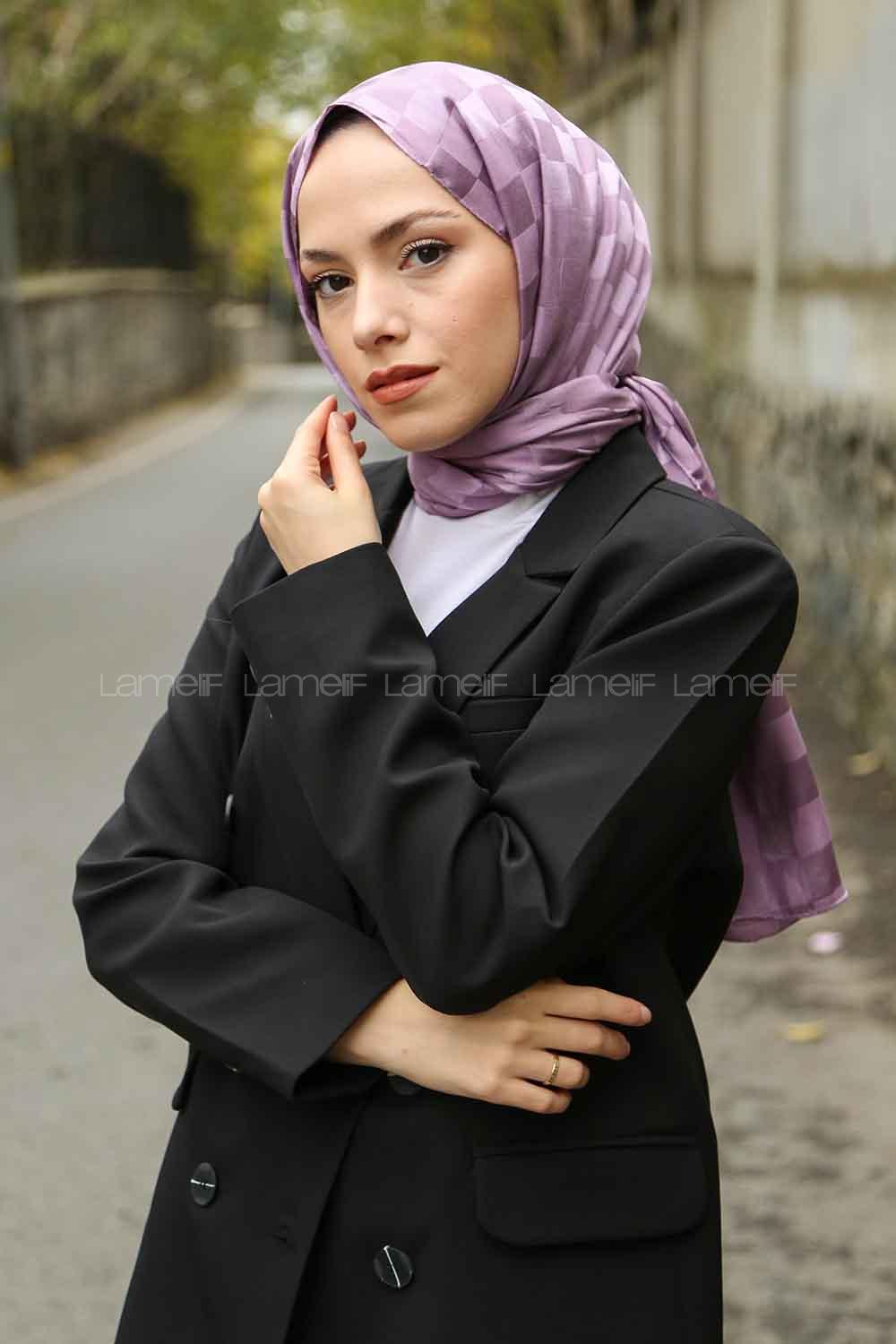 Lamelif Dama Desen Jakar Şal Lila