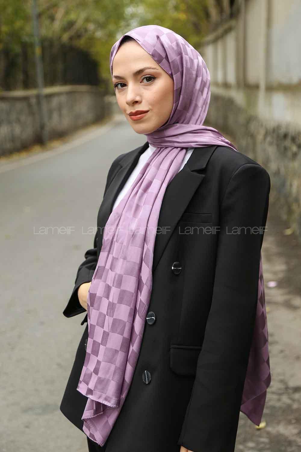 Lamelif Dama Desen Jakar Şal Lila
