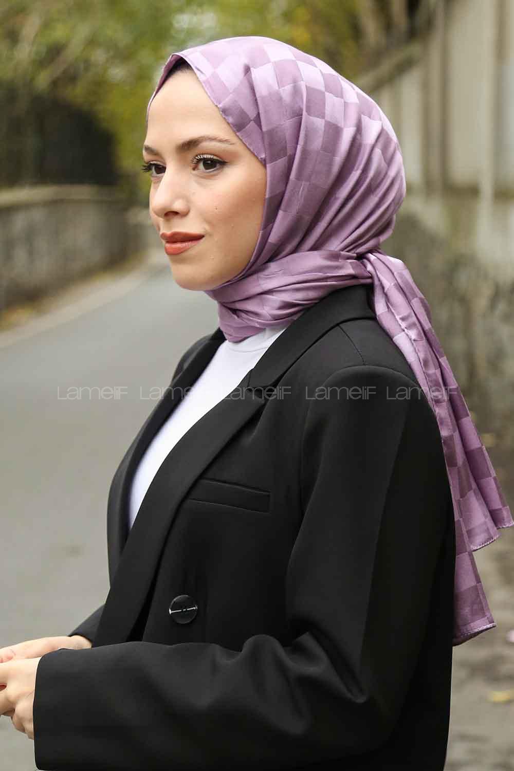 Lamelif Dama Desen Jakar Şal Lila
