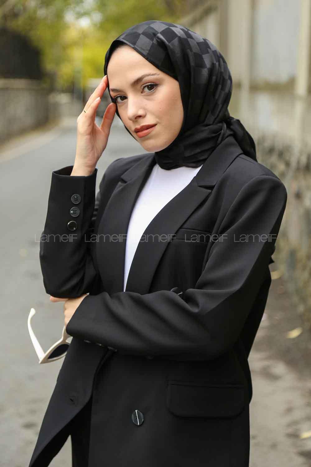 Lamelif Dama Desen Jakar Şal Siyah