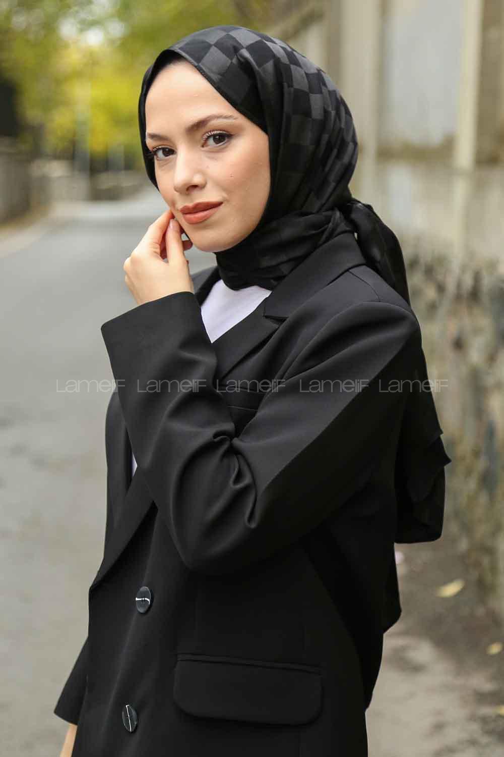 Lamelif Dama Desen Jakar Şal Siyah