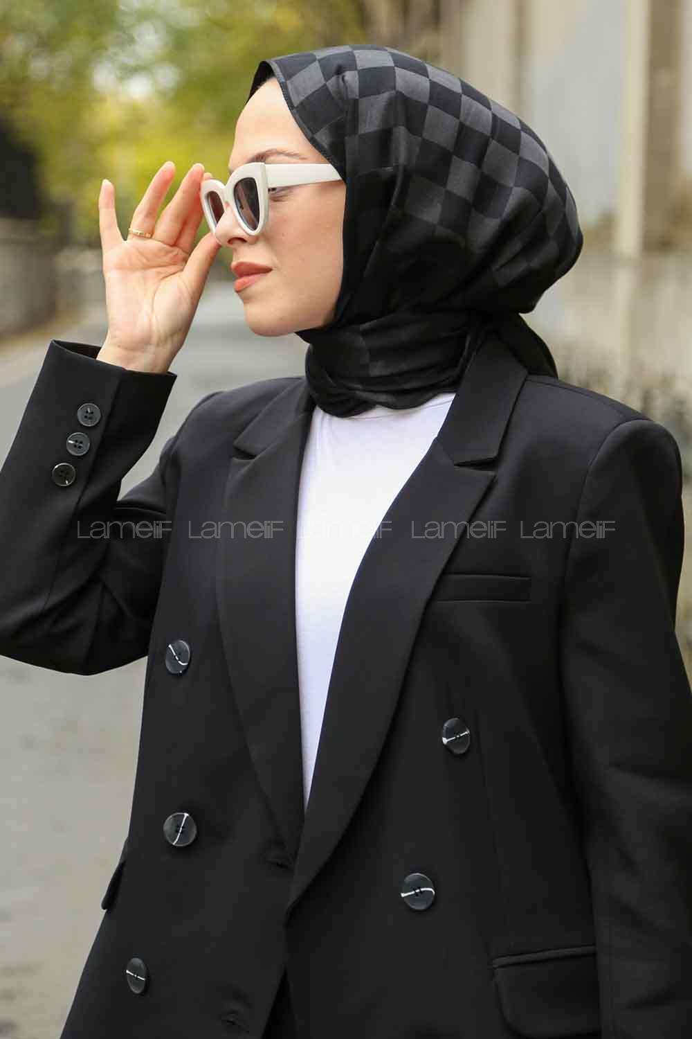 Lamelif Dama Desen Jakar Şal Siyah