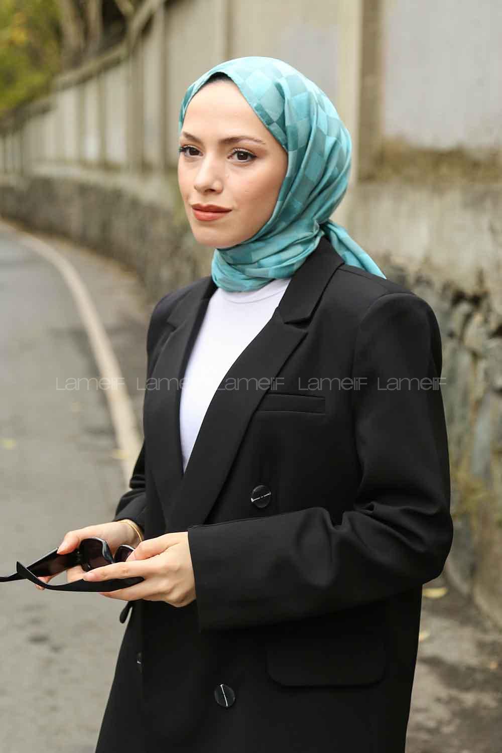 Lamelif Dama Desen Jakar Şal Turkuaz